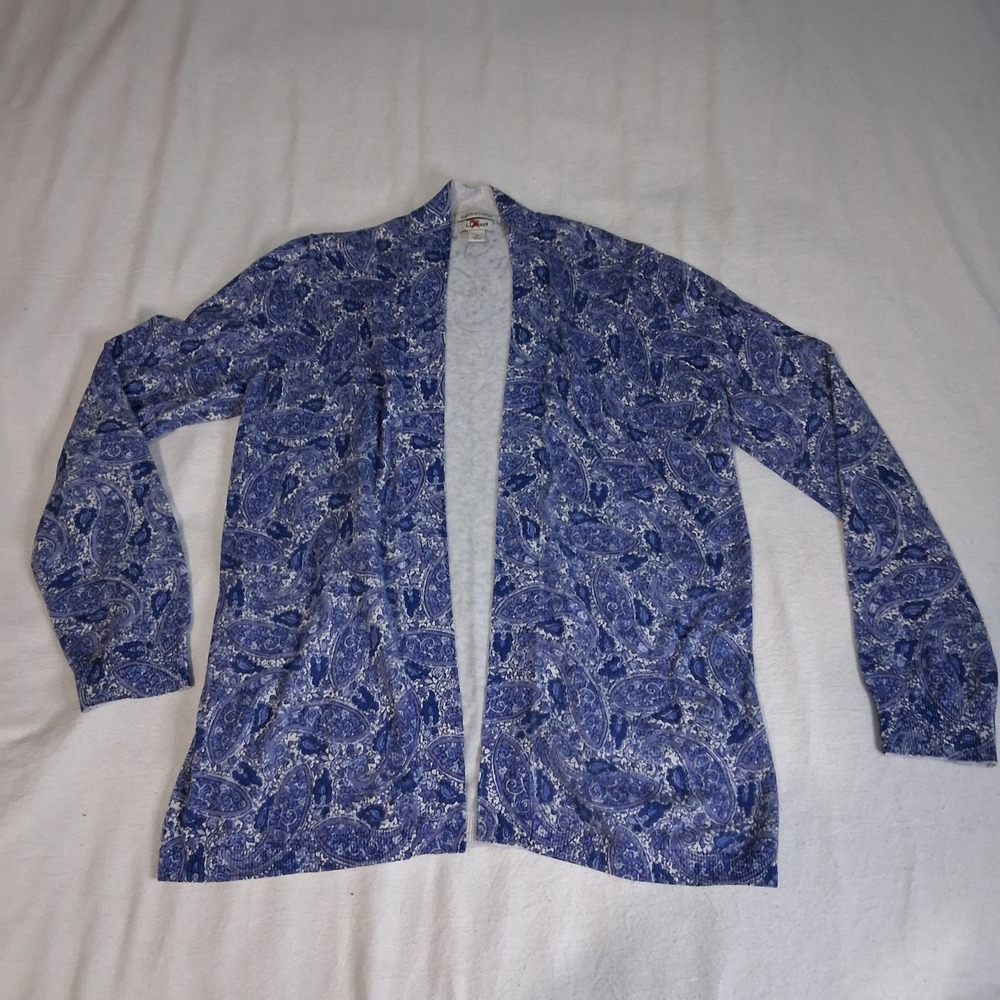 L.L. Bean Cardigan Sweater Open Womens Sz S Blue Cream Floral Supima Cotton
